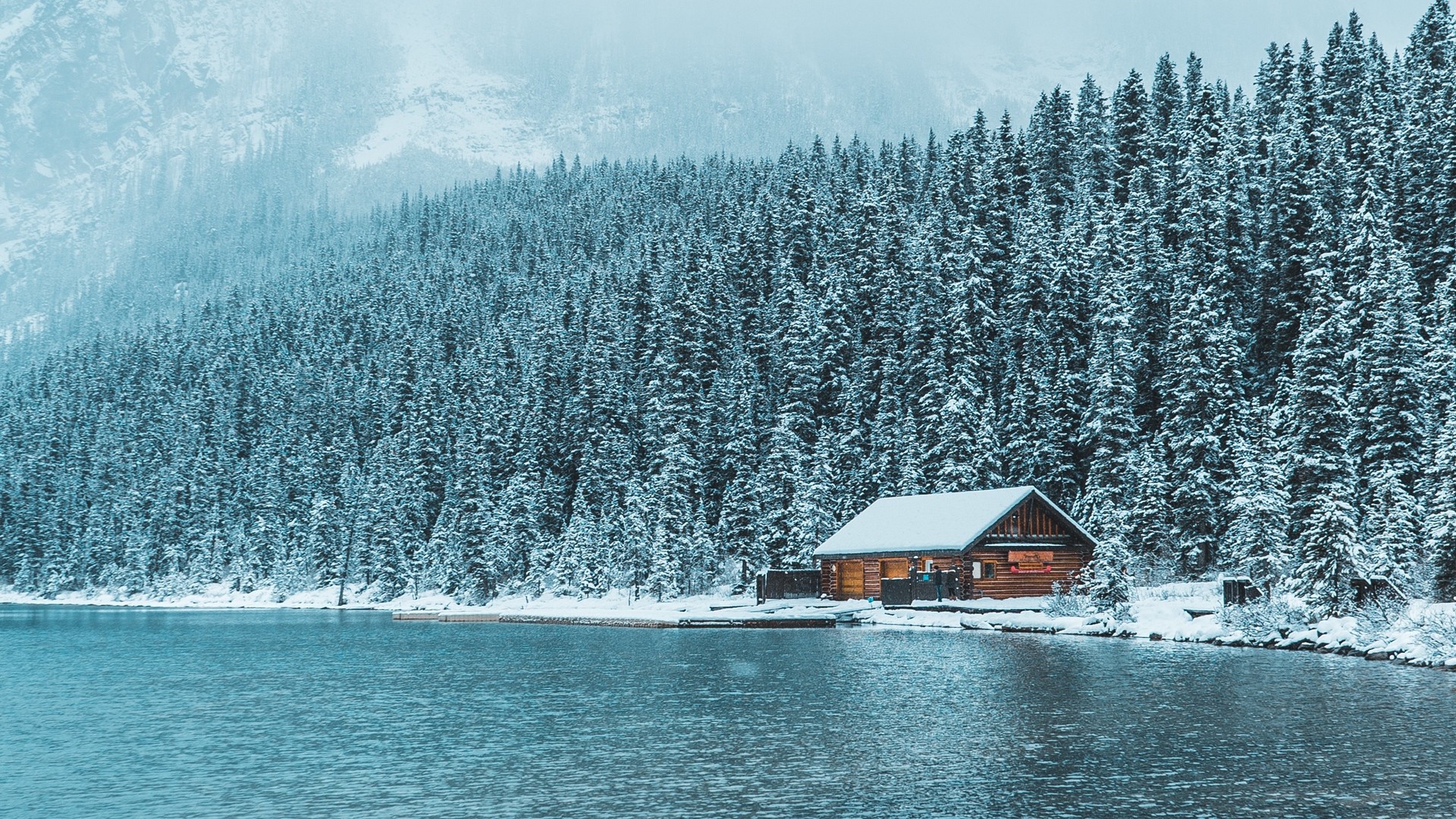 1920x1080 wallpapers: house, lake, mountains, winter (image)