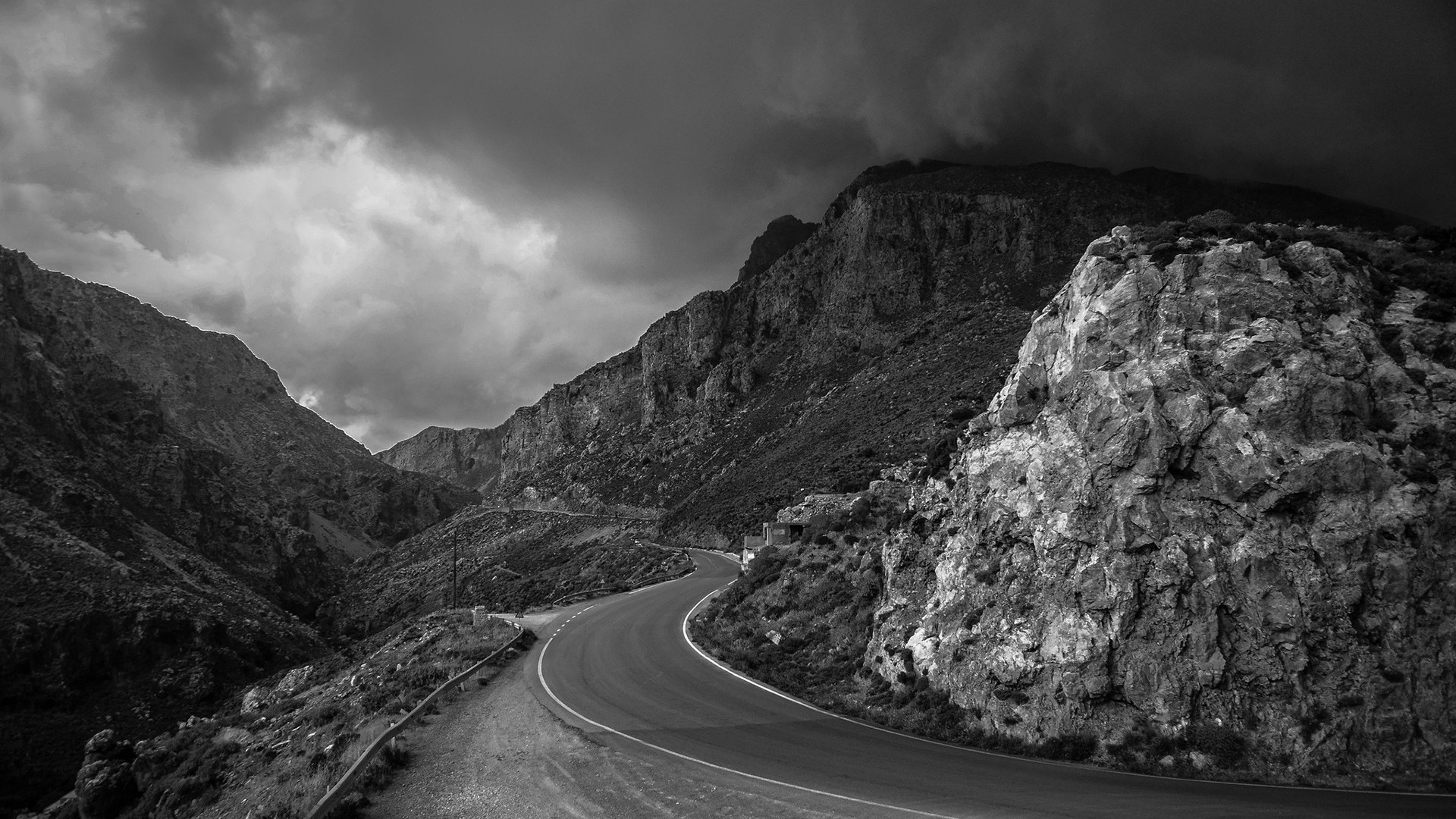 1920x1080 wallpapers: road, mountains, serpentine, black and white (bw) (image)