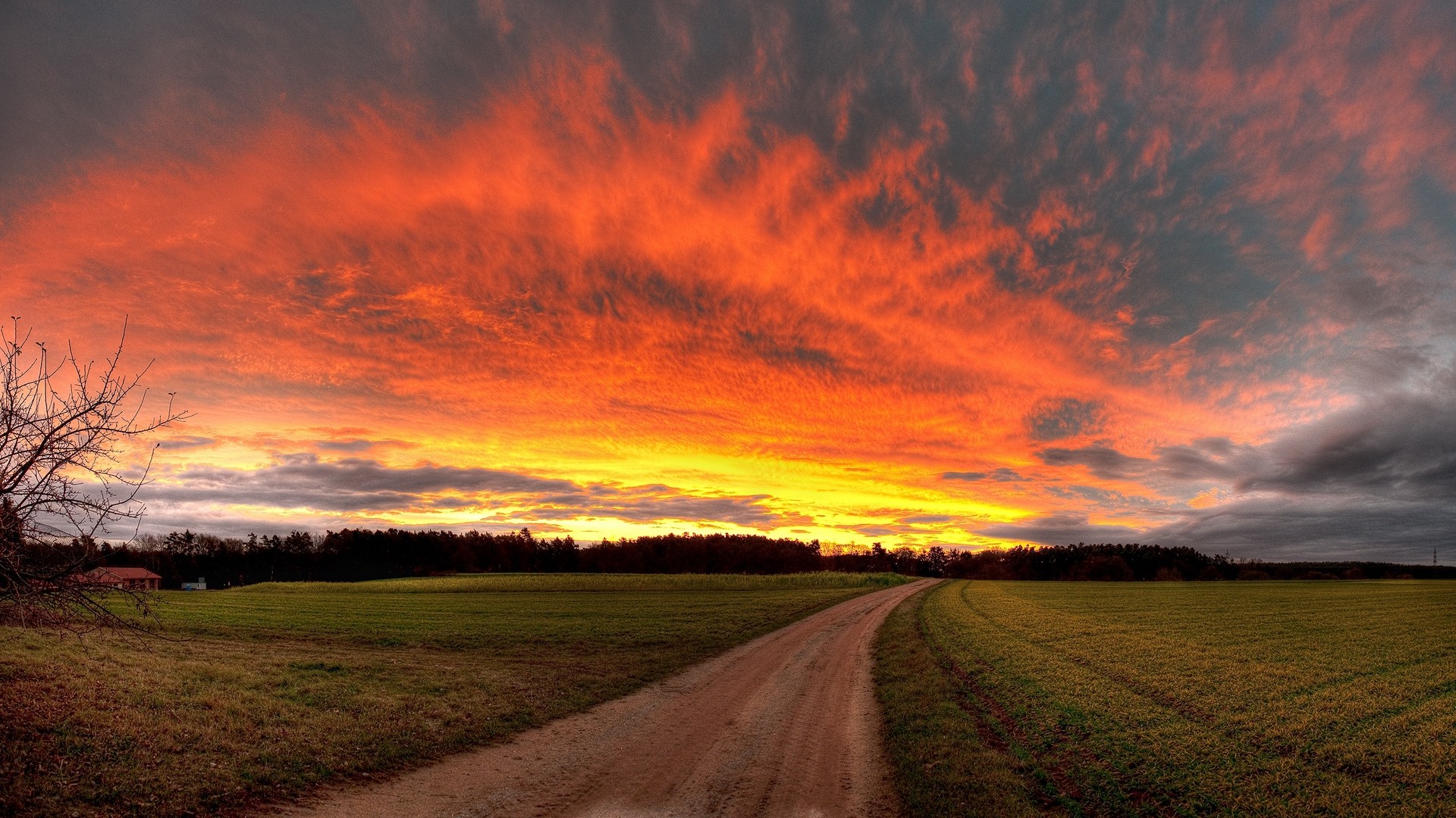1920x1080 wallpapers: camino, campos, cielo, puesta del sol, pueblo (image)