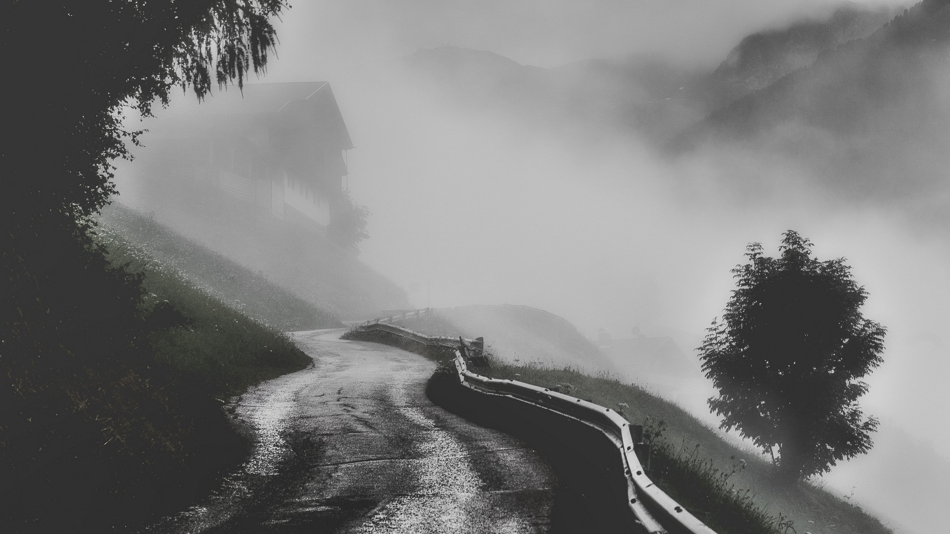 1920x1080 wallpapers: road, fog, mountains, trees (image)