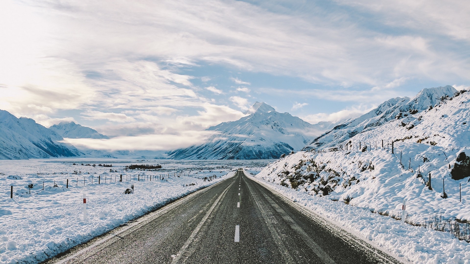 1920x1080 wallpapers: road, winter, mountains, marking, snow (image)