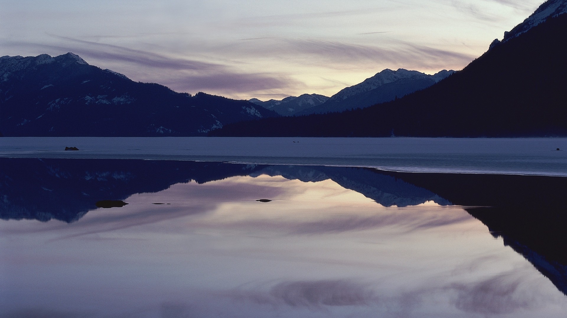 1920x1080 wallpapers: mountains, the lake, surface, surface, twilight, amazing (image)