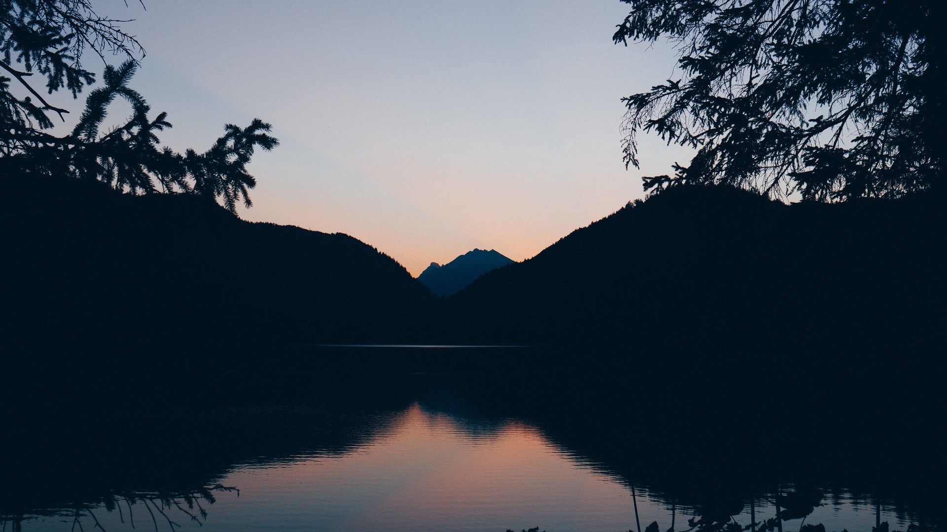 1920x1080 wallpapers: mountains, lake, dusk, reflection, branches (image)