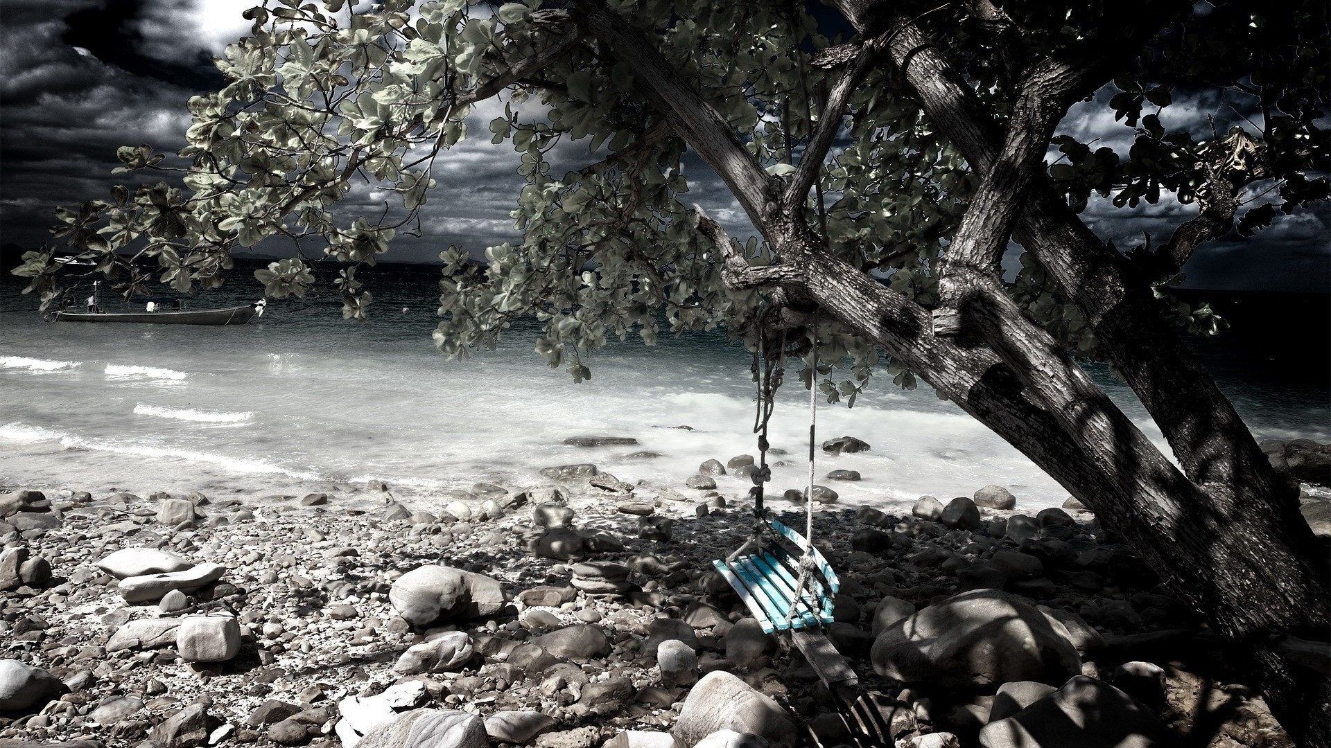 1920x1080 wallpapers: swing, tree, shore, stones, gray (image)