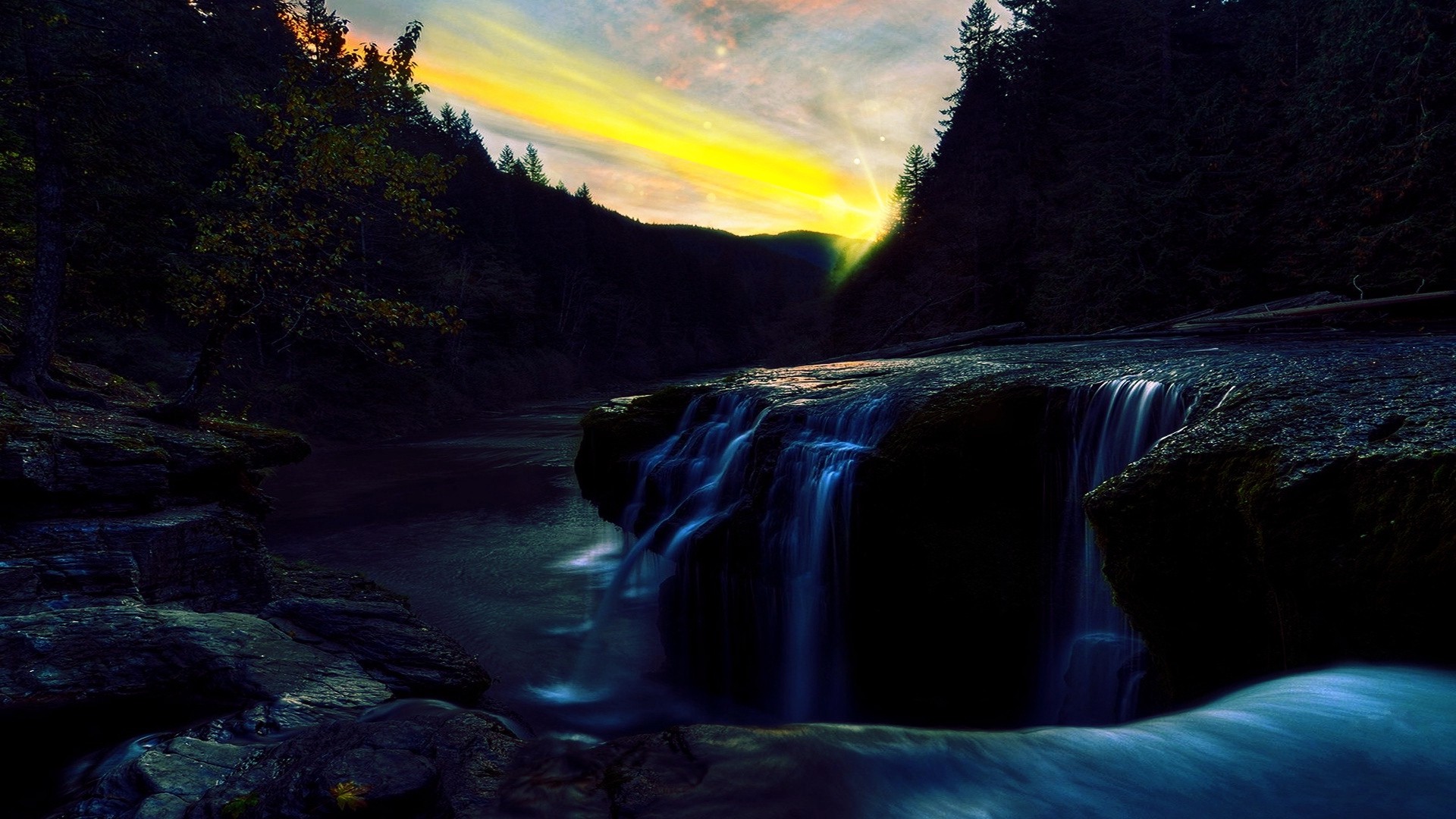 1920x1080 wallpapers: forest, river, waterfall, cliff, stones, evening, landscape, dusk (image)