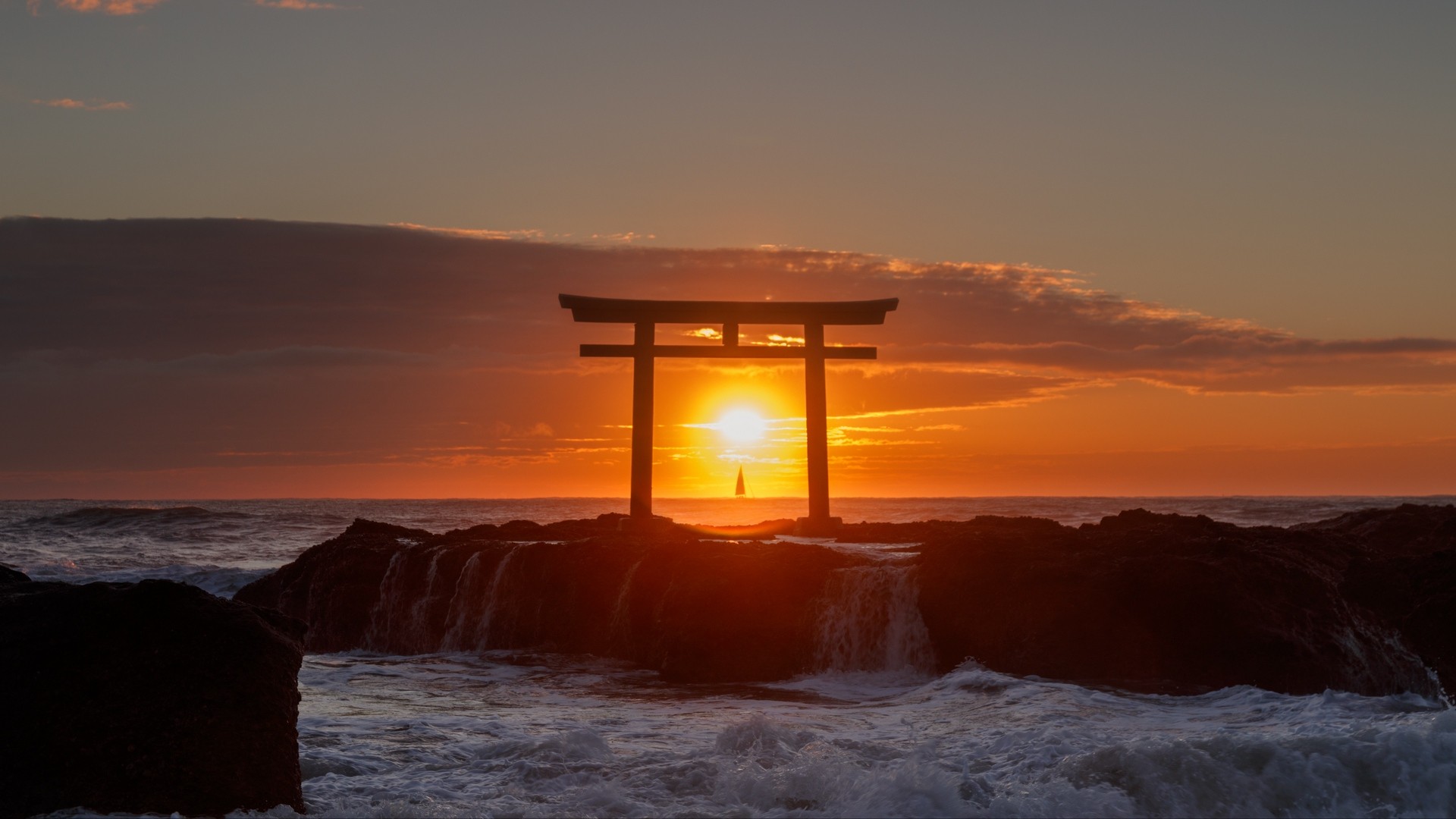 海 アーチ 日没 鳥居 日本 写真 写真 デスクトップ壁紙