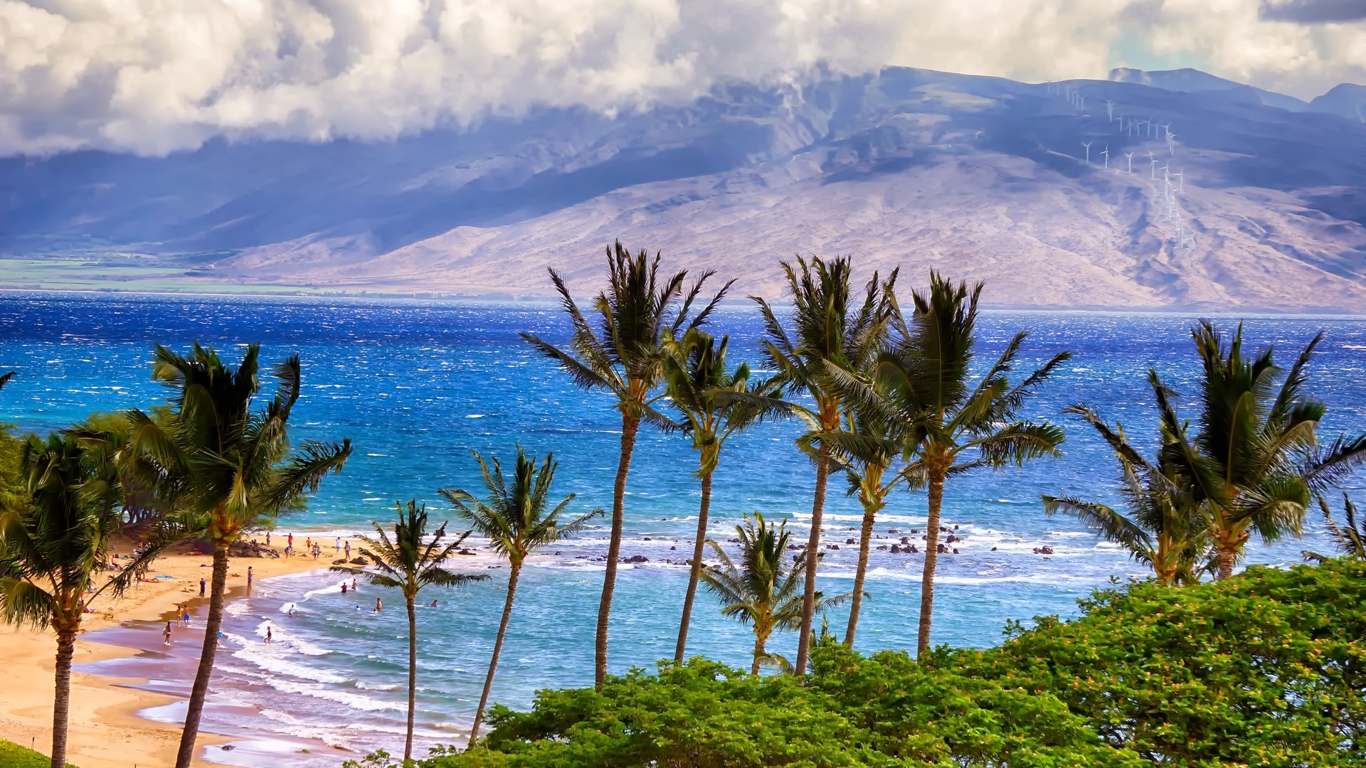 1920x1080 wallpapers: sea, mountains, palm trees, beach (image)