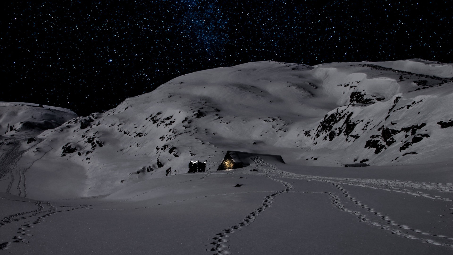 1920x1080 wallpapers: night, snow, mountains, traces (image)