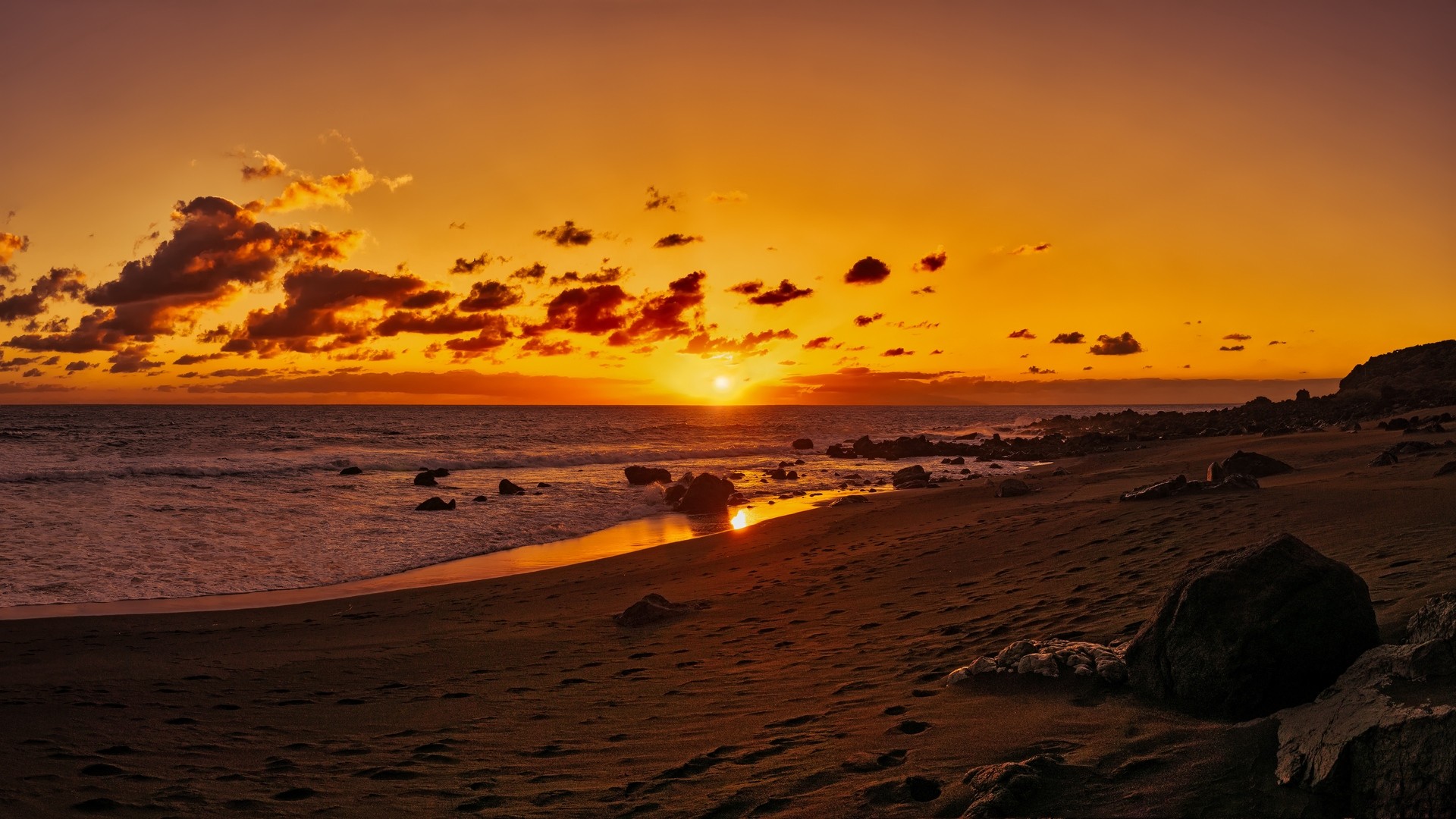 1920x1080 wallpapers: ocean, sunset, coast, sand, Canary Islands, Valle Gran Rey, Spain (image)