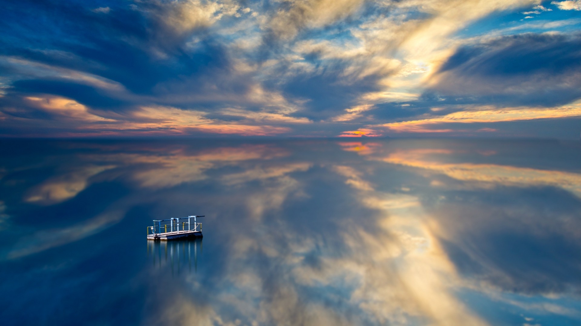 Pontoon, raft, sea, horizon, sunset | picture, photo, desktop wallpaper.