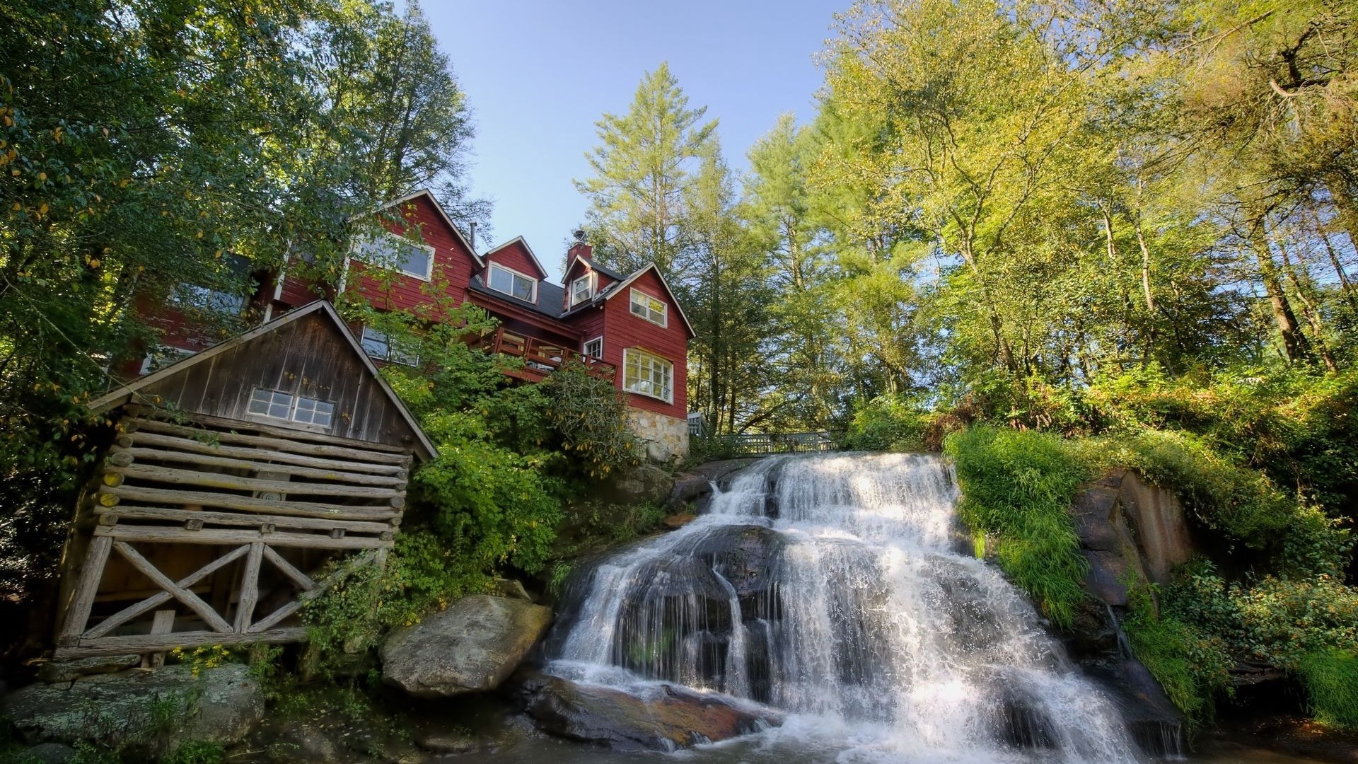 瀑布,挪威,房屋,Valldalen,山,高清图片-纯色壁纸