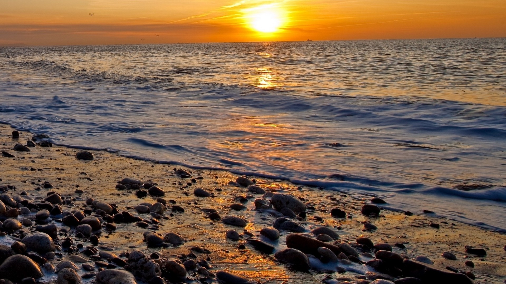 1920x1080 wallpapers: sunset, stones, waves (image)