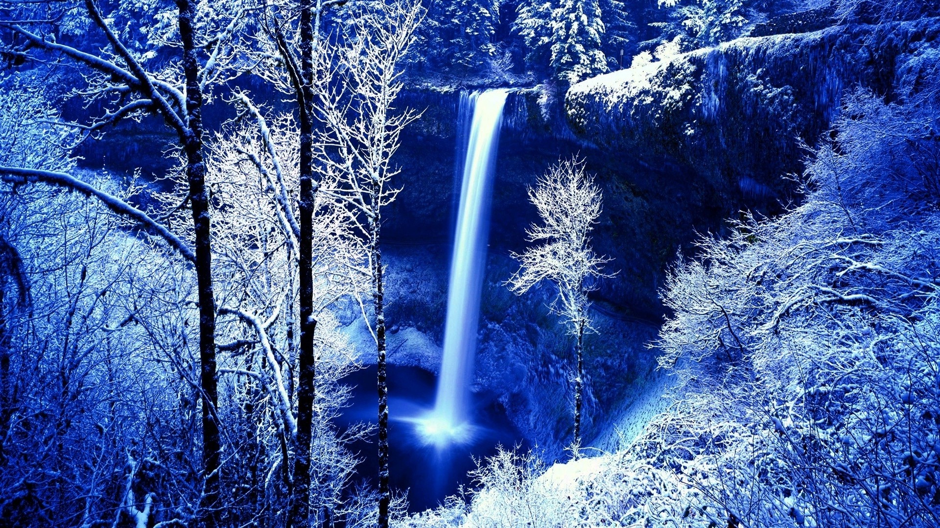 1920x1080 wallpapers: 冬季，岩石，瀑布，霜，雪，树木，阴郁，寒冷，油漆，颜色 (image)