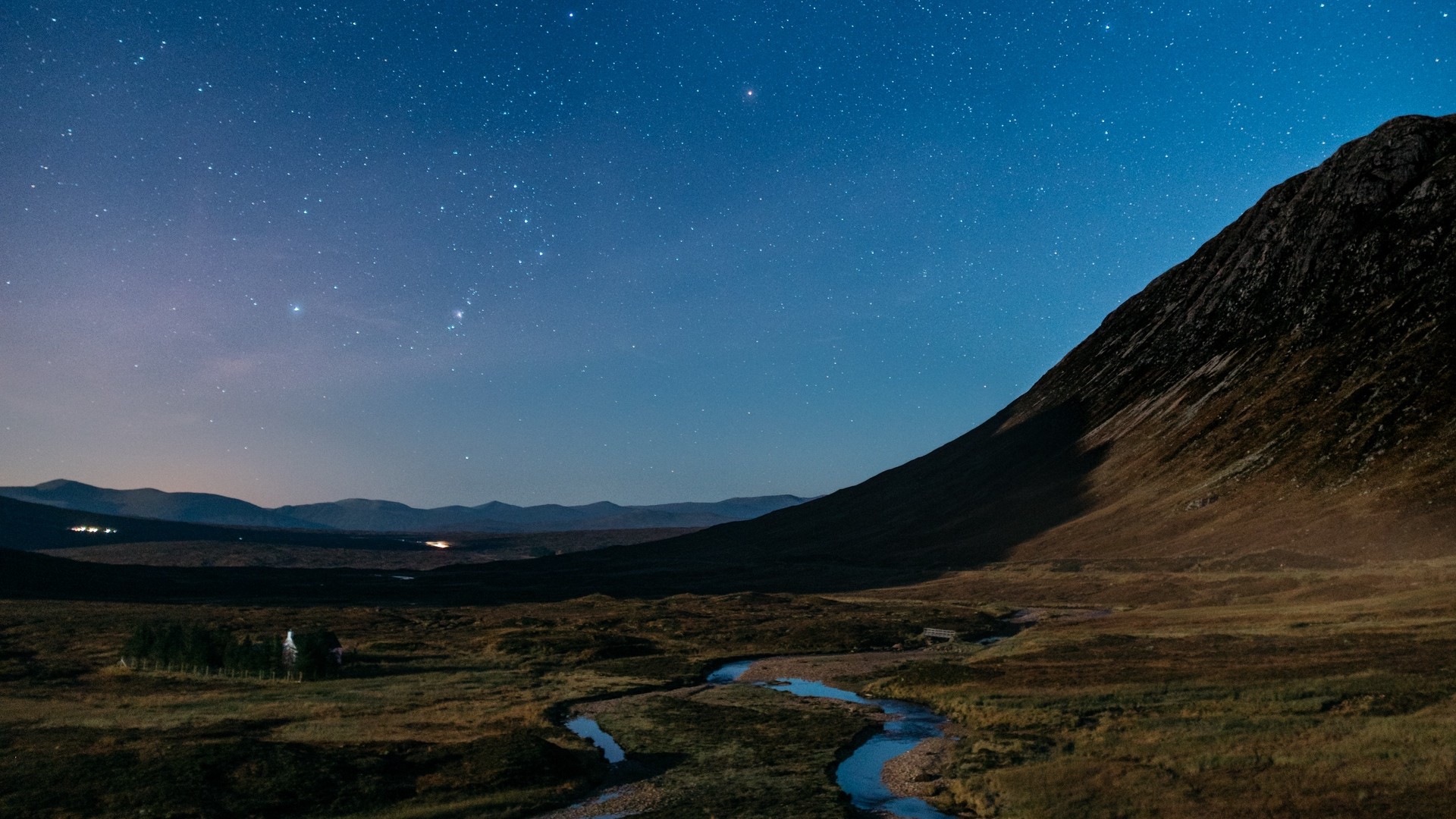 1920x1080 wallpapers: starry sky, river, hills, sky (image)