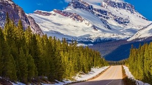alberta, canada, banff national park, mountains, road, distance, snow