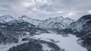 almsee, austria, mountains, winter, snow, lake