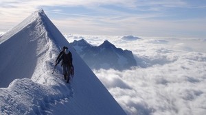 climbers, peak, peak, conquest, traces, snow, clouds, vertical