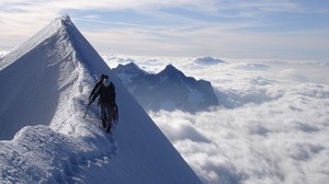 klättrare, topp, topp, erövring, spår, snö, moln, vertikal