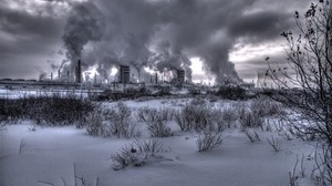 nuclear plant, plant, smoke, black and white