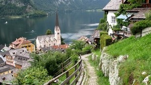 austria, lake, houses, buildings, mountains