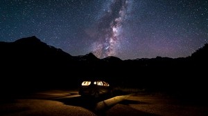 coche, cielo estrellado, vía láctea, noche