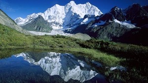 asia, montañas, nubes, agua, reflexión, pico, verdes