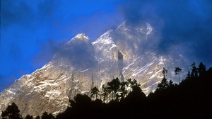 asia, montañas, contornos, niebla, rocas, árboles - wallpapers, picture