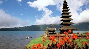 asia, island, structure, flowers, mountains, boat, people