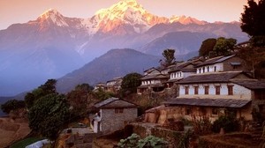 asia, buildings, houses, mountains, fog