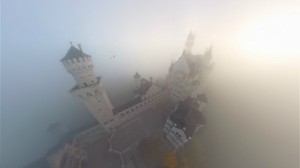towers, castle, fog, haze, from above