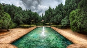 pool, fountain, forest, cloudy, colors, paints - wallpapers, picture