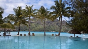 pool, palm trees, mountain, resort