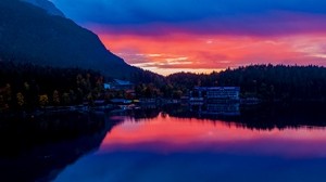 Baviera, Germania, tramonto, lago, edifici