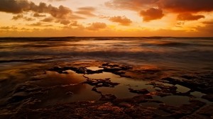 shore, rocky, sea, puddles, water, sunset, evening, sky, landscape, waves