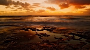 海岸，岩石，海洋，水坑，水，日落，晚间，天空，风景，波浪