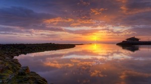 shore, stones, the house, the sun, sunset, pond