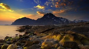 shore, stones, smooth, wet, sea, mountains, evening, sky - wallpapers, picture