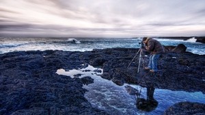 海岸、石、寒さ、写真家、三脚、撮影