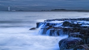 coast, stones, lighthouse, distance, scotland, sea, waves - wallpapers, picture