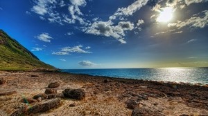 shore, stones, sandy, clouds, sky, sun - wallpapers, picture