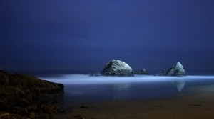 shore, stones, fog, evening, evaporation, white, glow - wallpapers, picture
