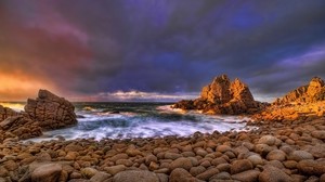 shore, stones, wave, cuts, sunset, evening - wallpapers, picture