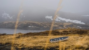 shore, boat, fog, lake, hills