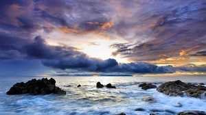shore, sea, water, cloudy, stones, sky