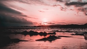 shore, beach, sunset, ocean, sand, sunbeams, shallow water