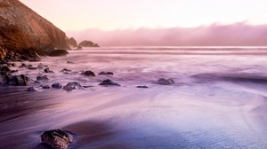 shore, beach, stones, sand, sea, fog, haze, morning