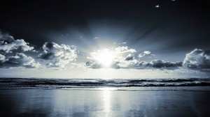 shore, beach, sun, clouds, rays, sand, black and white