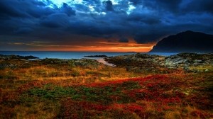 shore, sunset, evening, mountains, vegetation, colorful, variety, colors, contrast, bright - wallpapers, picture