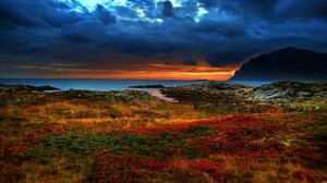 strand, solnedgång, kväll, berg, vegetation, färgglad, variation, färger, kontrast, ljus