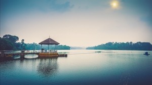 arbor, lake, reflection